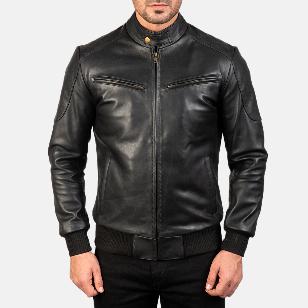 Black Stand-Collar Leather Jacket with Quilted Shoulders